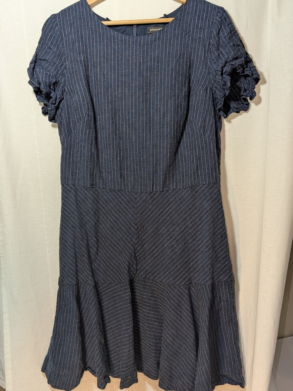 Banana Republic Navy Pinstripe Ruffled Sleeve Fit And Flare Dress